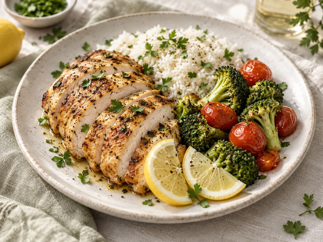 Lemon herb chicken with rice and broccoli